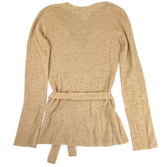 Susana Monaco Belted V-Neck Wool Sweater QuietLuxury L Camel Buttons Pointelle - Picture 7 of 12